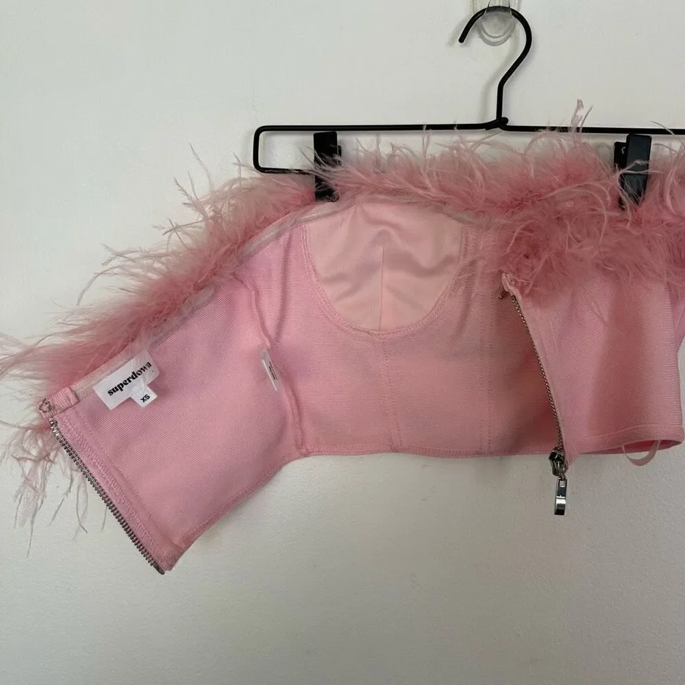 Superdown Ramona Feather Trim Bustier Top in Blush Pink - Picture 6 of 11
